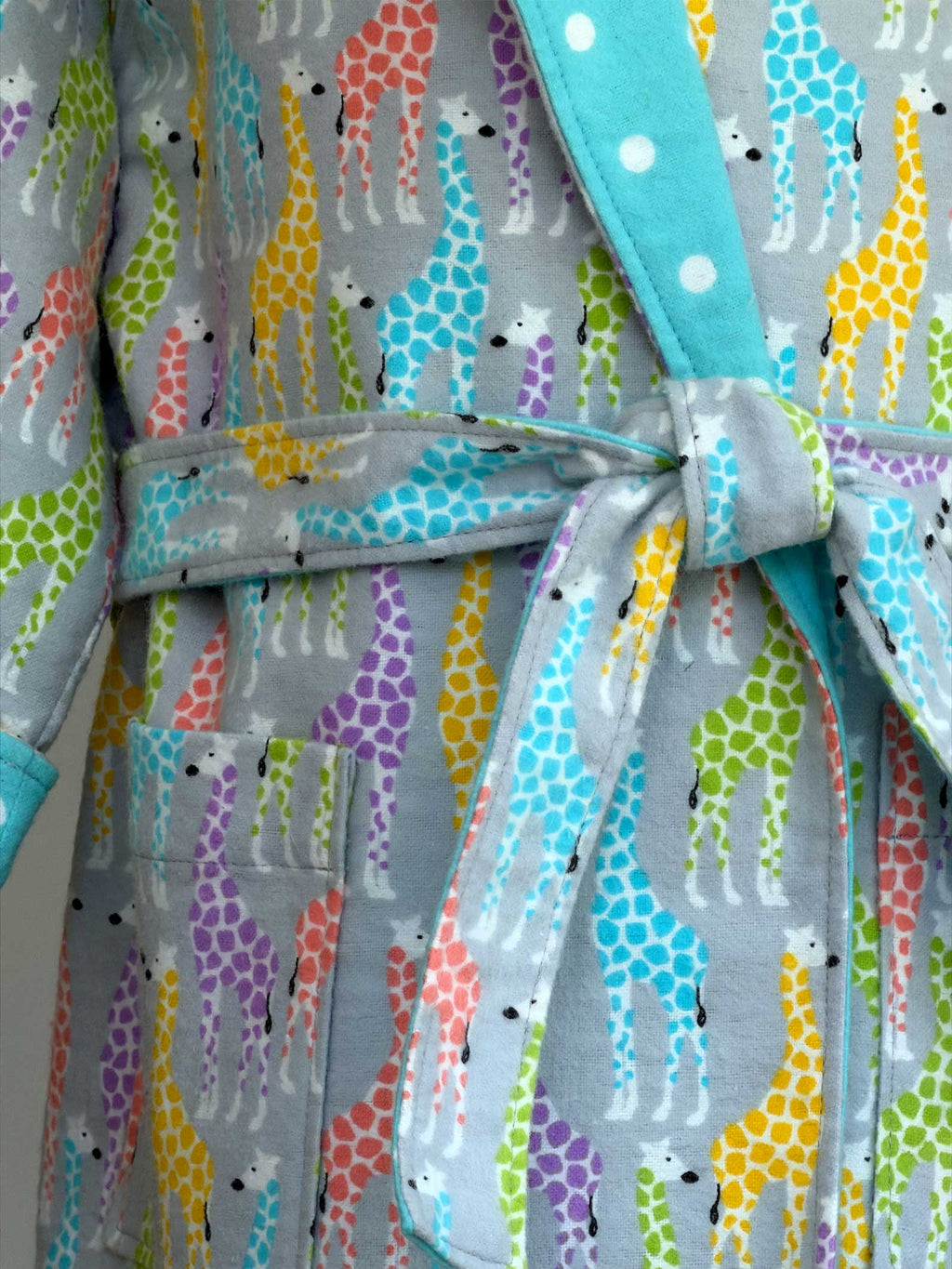 Toddler Robe - 100% Cotton Flannel - Rainbow Giraffes (Blue Lining)